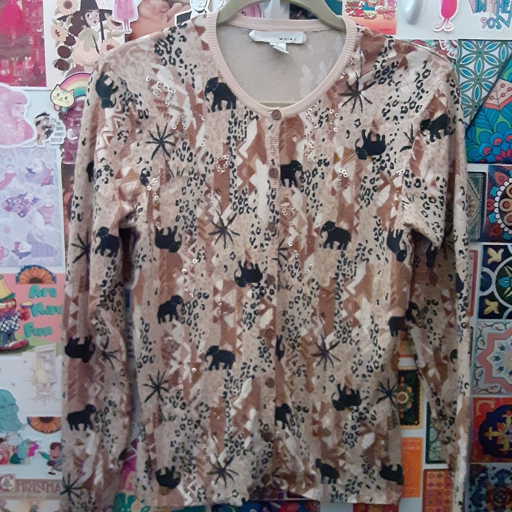 VTG Y2K WD.NY S Silk Blend Sequins Safari Tribal Animal Leopard Print Cardigan